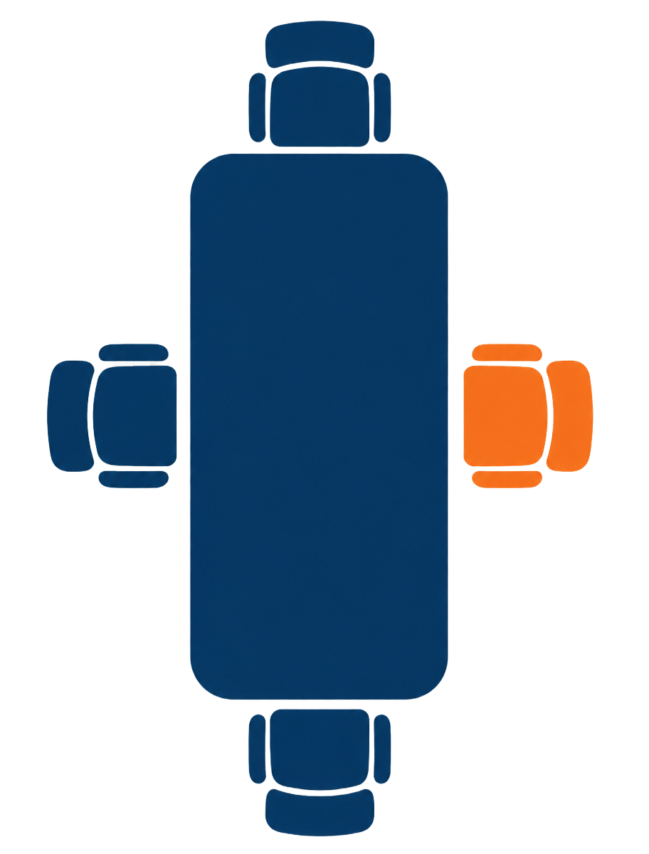Abstract boardroom graphic showing an integrated fractional executive leader seated as a peer.